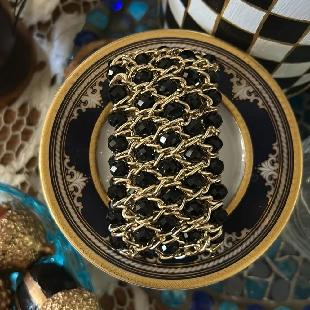 Gold Chain & Black Bead Elastic Statement Bracelet